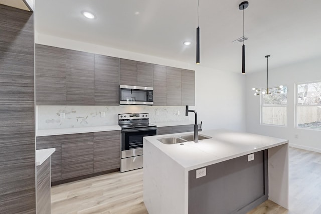 kitchen featuring sink, a kitchen island with sink, hanging light fixtures, stainless steel appliances, and light hardwood / wood-style floors