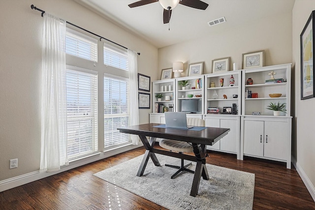 office featuring dark hardwood / wood-style floors and ceiling fan