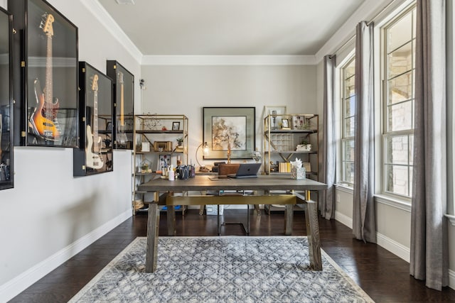 office area featuring ornamental molding and dark hardwood / wood-style flooring