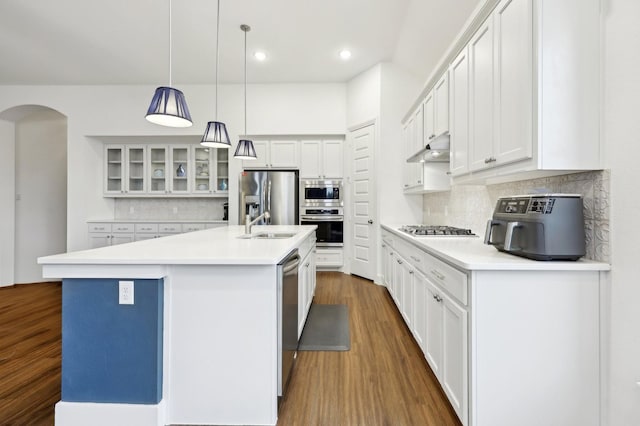 kitchen with an island with sink, white cabinetry, hanging light fixtures, hardwood / wood-style flooring, and stainless steel appliances