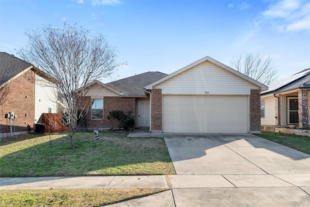 ranch-style home featuring a garage, central AC unit, and a front lawn