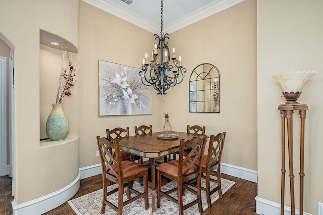 dining space featuring visible vents, baseboards, dark wood-style flooring, and crown molding