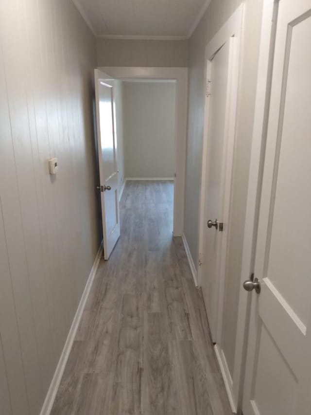 hall featuring wood-type flooring and ornamental molding