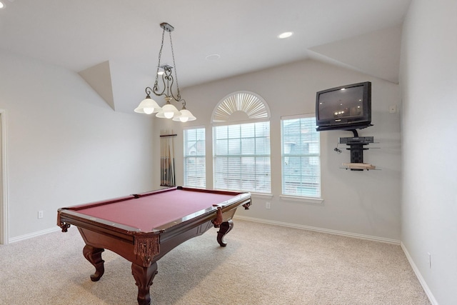 playroom featuring lofted ceiling, light colored carpet, and billiards