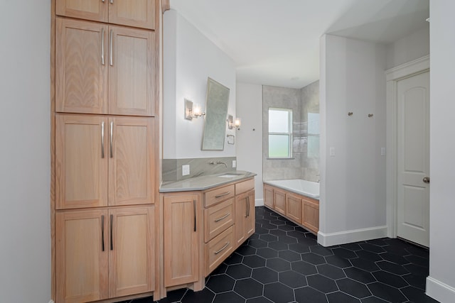 bathroom with vanity, tile patterned floors, and shower with separate bathtub