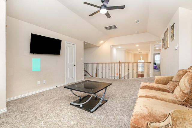 carpeted living room featuring lofted ceiling and ceiling fan