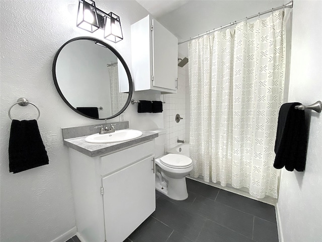 full bathroom with shower / bathtub combination with curtain, vanity, tile patterned flooring, and toilet