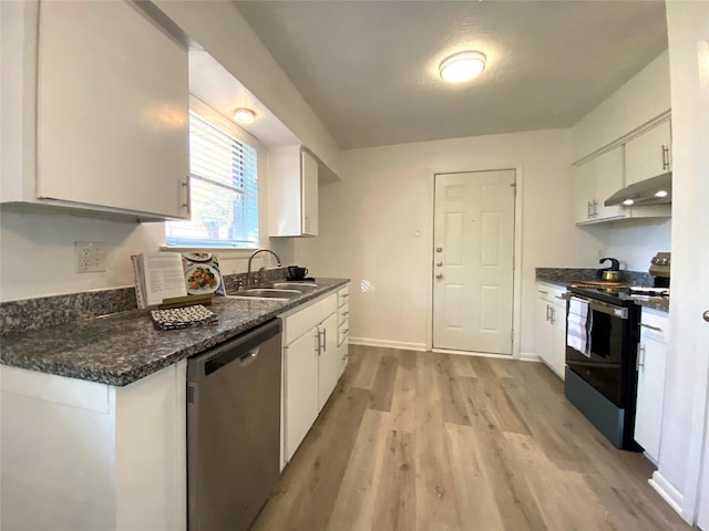 kitchen featuring electric range oven, stainless steel dishwasher, sink, and white cabinets