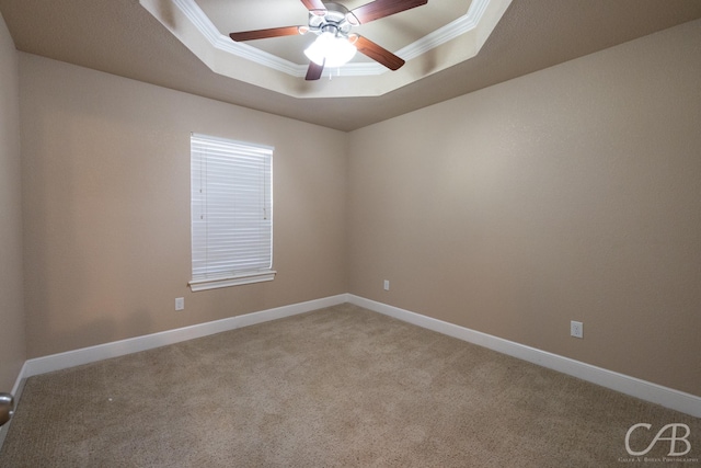 carpeted spare room featuring crown molding, a raised ceiling, and ceiling fan