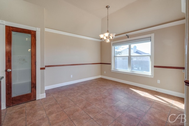 unfurnished room featuring crown molding, lofted ceiling, tile patterned floors, and a chandelier