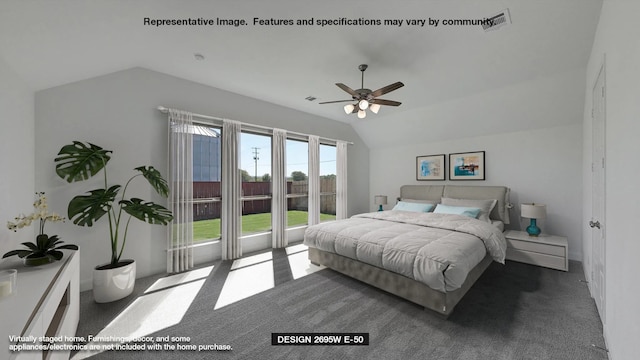 carpeted bedroom with lofted ceiling and ceiling fan