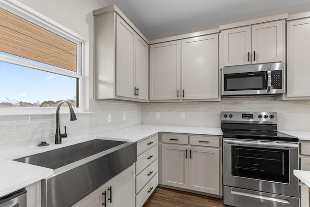 kitchen with sink, gray cabinets, appliances with stainless steel finishes, dark hardwood / wood-style floors, and tasteful backsplash