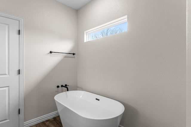 bathroom with a bathtub and hardwood / wood-style floors