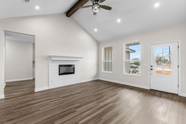 unfurnished living room featuring vaulted ceiling with beams, dark wood-type flooring, and ceiling fan