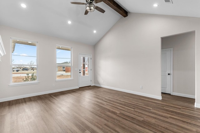 interior space with dark hardwood / wood-style flooring, beam ceiling, high vaulted ceiling, and ceiling fan