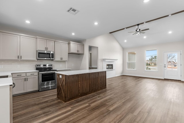 kitchen with lofted ceiling, a center island, appliances with stainless steel finishes, dark hardwood / wood-style flooring, and backsplash