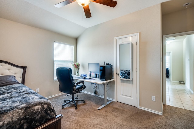 carpeted bedroom with lofted ceiling and ceiling fan