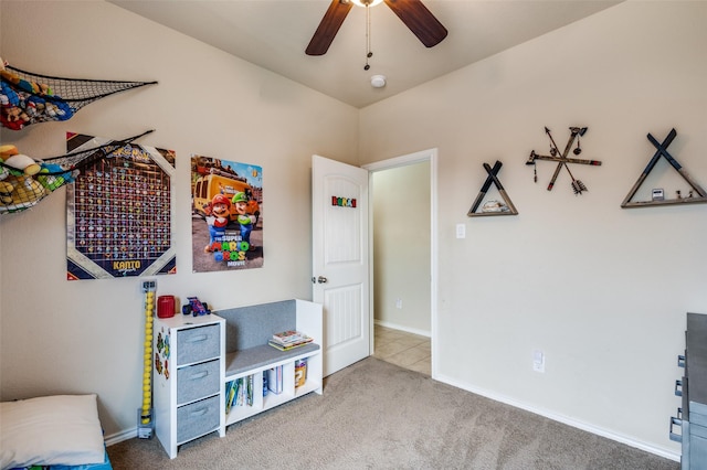 bedroom with ceiling fan and carpet flooring