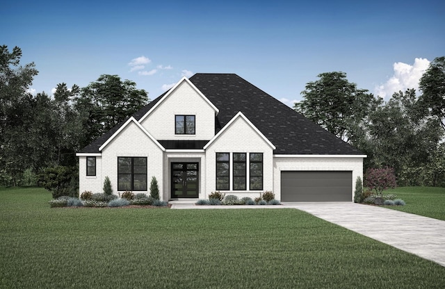 modern inspired farmhouse with a front yard and french doors