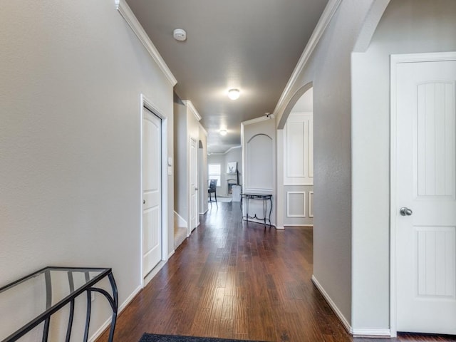 hall featuring crown molding and dark wood-type flooring