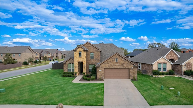 view of front of property featuring a garage, central AC unit, and a front lawn