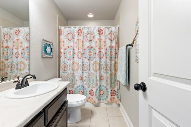 bathroom with tile patterned flooring, vanity, toilet, and a shower with shower curtain