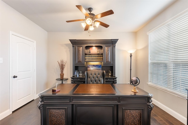 office with ceiling fan and dark hardwood / wood-style floors