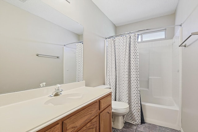 full bathroom with toilet, a textured ceiling, vanity, shower / bath combo, and tile patterned flooring