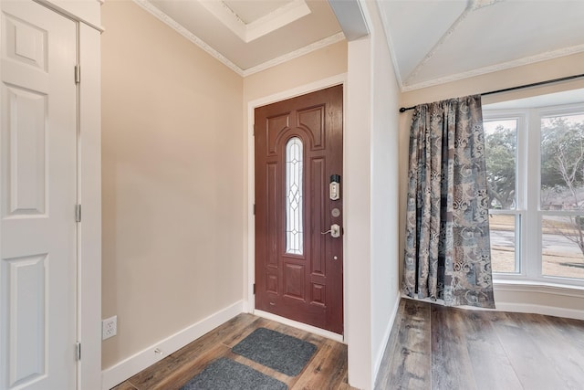 entrance foyer featuring ornamental molding and dark hardwood / wood-style flooring