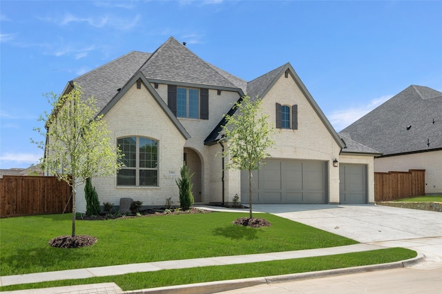 2301 Hawk Meadow Ct, Mansfield, TX 76063 - french country home with brick siding, driveway, a shingled roof, and an attached garage