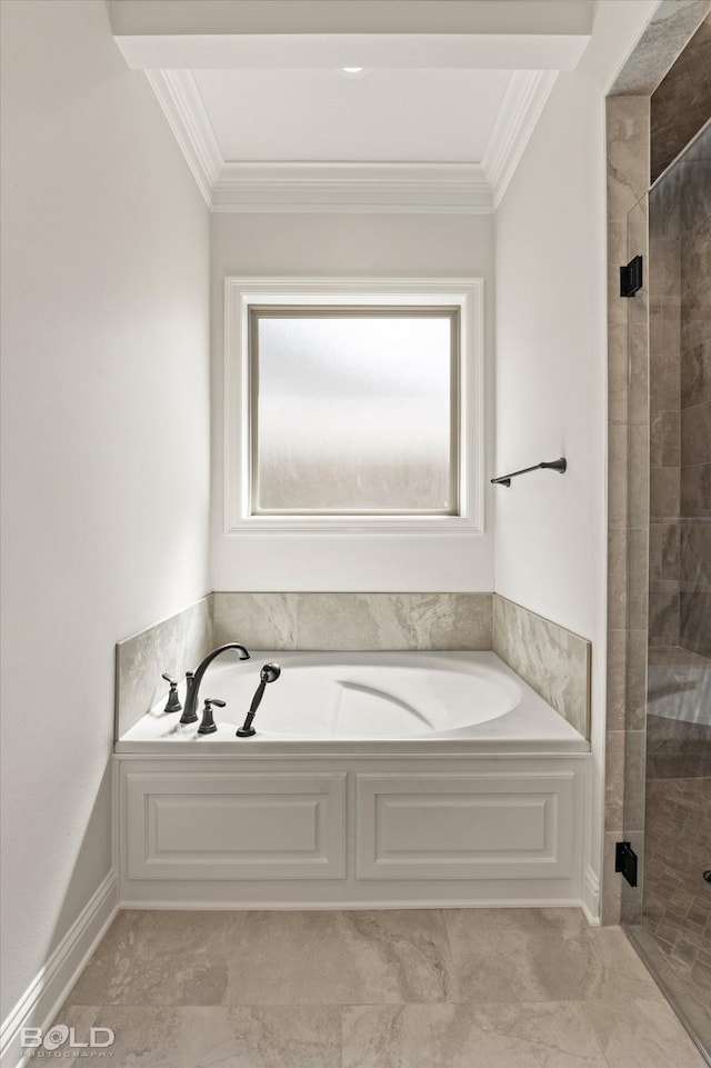 bathroom featuring crown molding and independent shower and bath