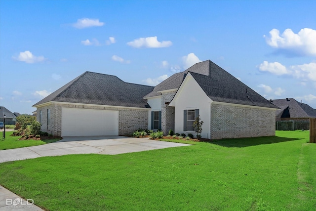 french country inspired facade featuring a garage and a front yard