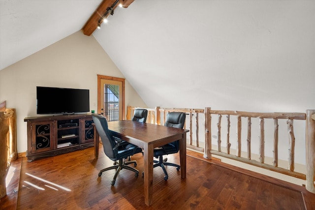 office space with wood-type flooring, rail lighting, and vaulted ceiling with beams