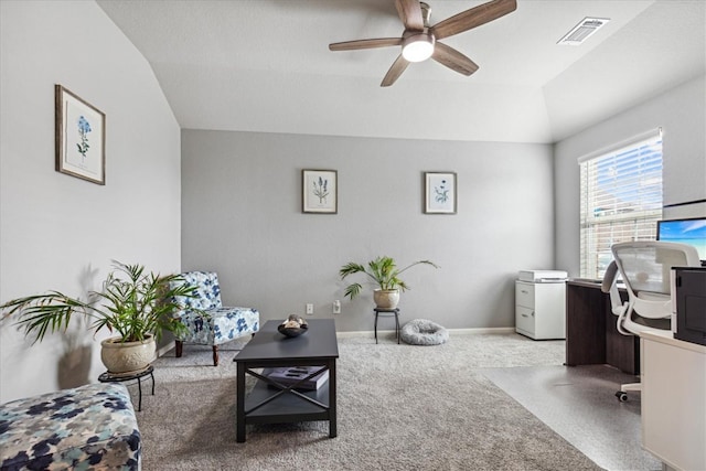 interior space with ceiling fan