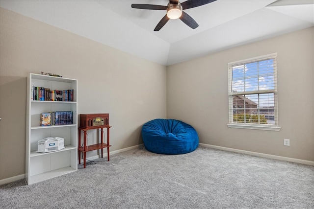 sitting room featuring lofted ceiling, carpet floors, and ceiling fan