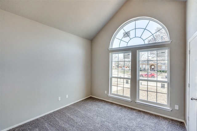 empty room with lofted ceiling and carpet flooring