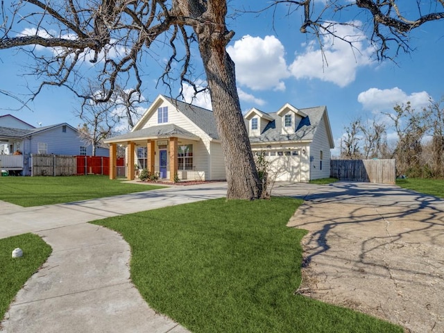 cape cod house with a garage, a front yard, and covered porch