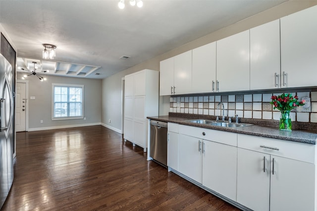 kitchen featuring sink, dark wood-type flooring, stainless steel dishwasher, and white cabinets