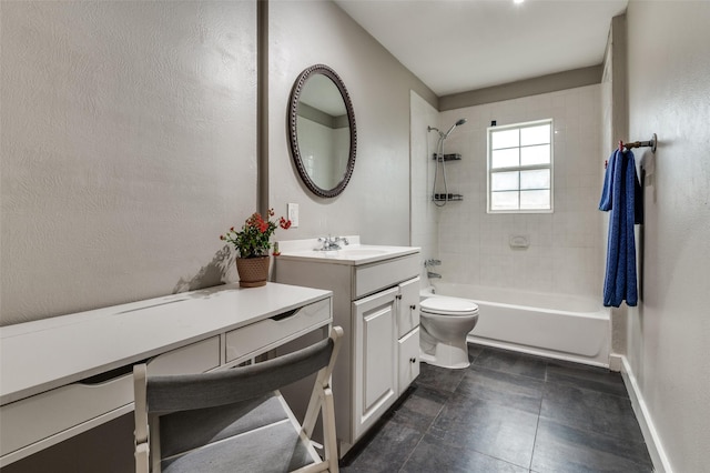 full bathroom with tiled shower / bath combo, vanity, and toilet