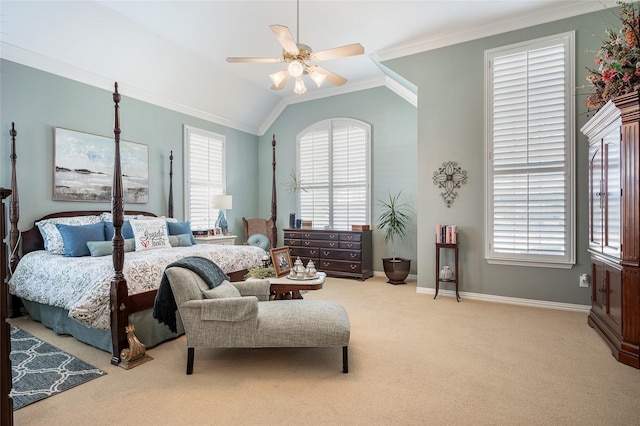 carpeted bedroom with multiple windows, crown molding, lofted ceiling, and ceiling fan