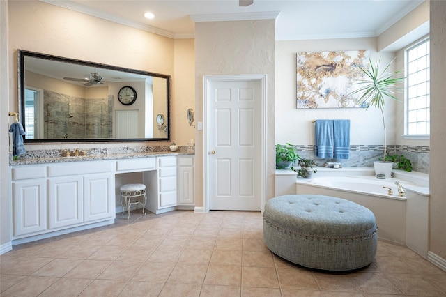 bathroom featuring shower with separate bathtub, tile patterned flooring, vanity, ornamental molding, and ceiling fan