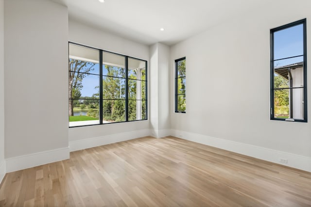 spare room featuring a water view and light wood-type flooring