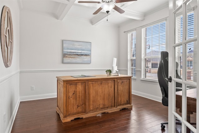 office with beam ceiling, coffered ceiling, and dark hardwood / wood-style flooring