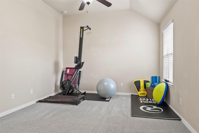 workout room with lofted ceiling, carpet floors, and ceiling fan