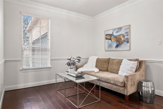 living room with dark wood-type flooring and crown molding