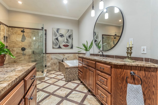 bathroom with ornamental molding, vanity, and plus walk in shower