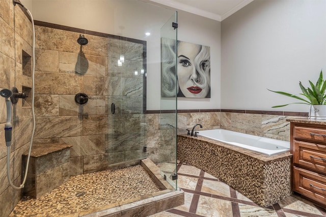 bathroom featuring ornamental molding and plus walk in shower