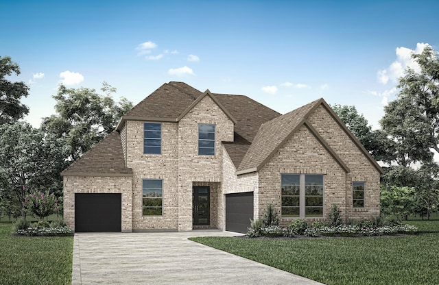 view of front of property with a garage and a front lawn