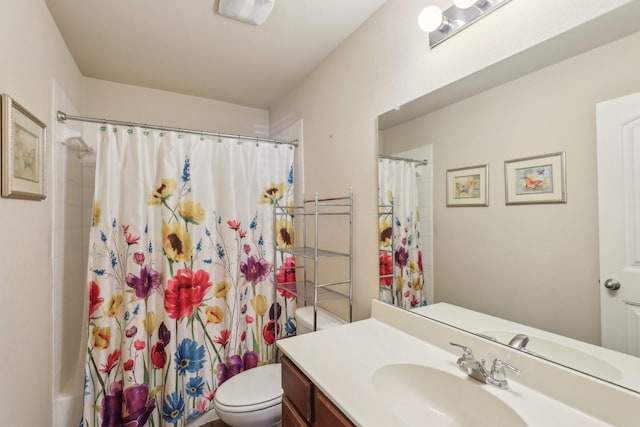 full bathroom featuring vanity, toilet, and shower / bathtub combination with curtain