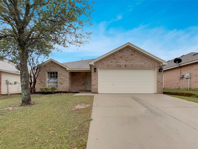 single story home with a garage and a front lawn